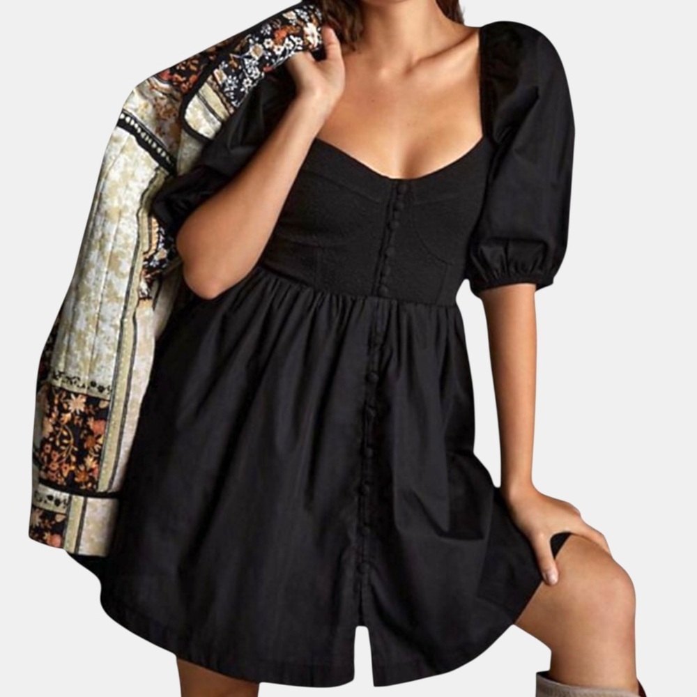 EUC Anthropologie Maeve Puff Sleeve Sweetheart Mini Dress Black Size XS
